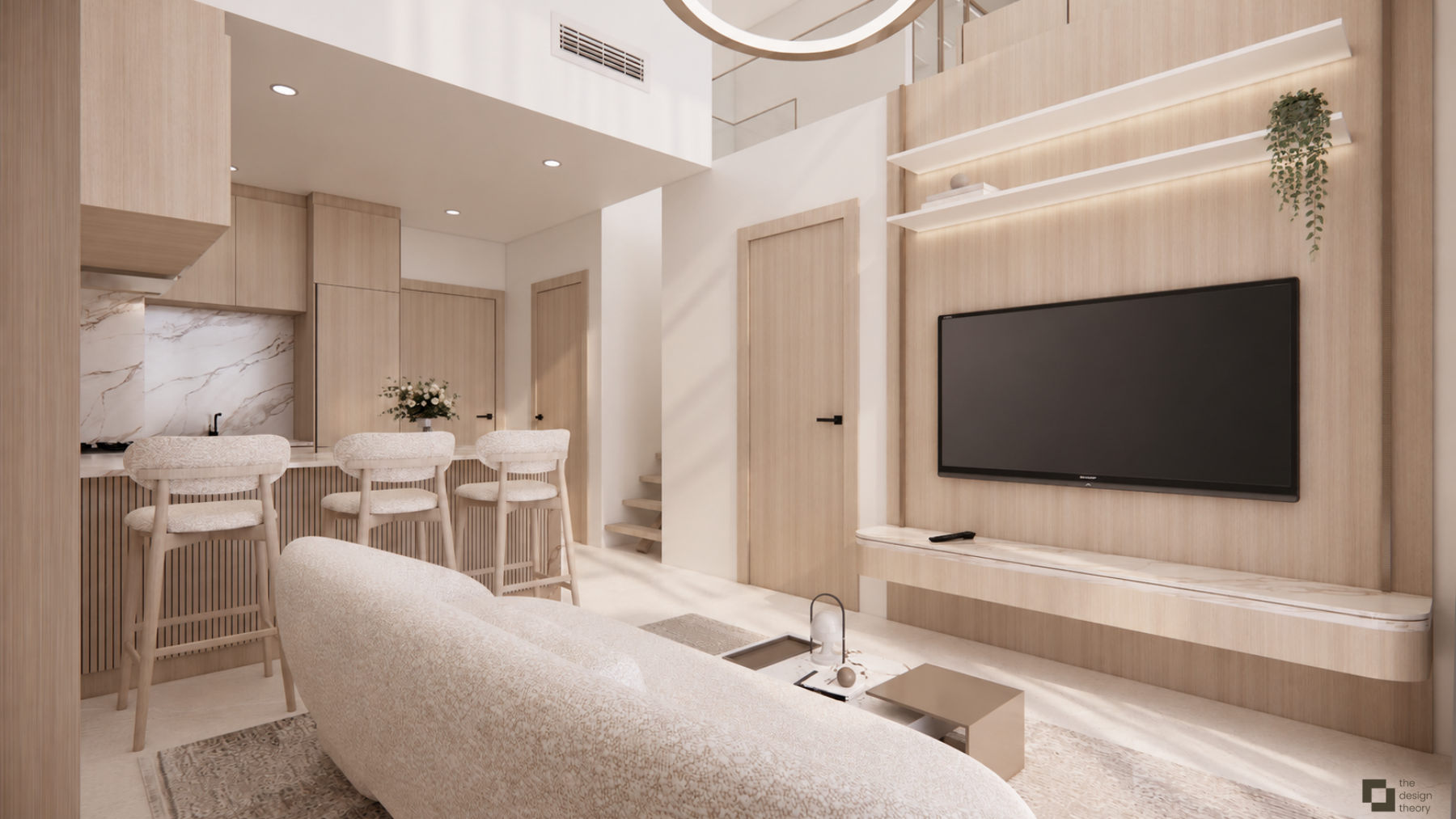 Kitchen with marble splashback and bar stools