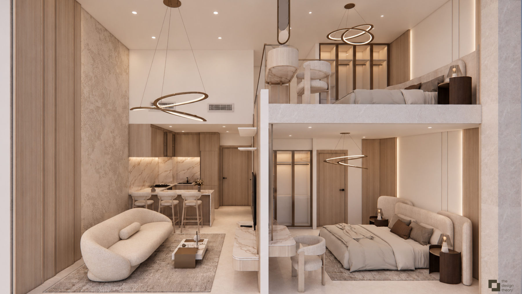 Double-height living room in warm oak